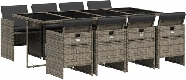 vidaXL 9-teilige Garten-Essgruppe aus Poly-Rattan in Grau mit Kissen und Hartglas-Tischplatte - Bild 1