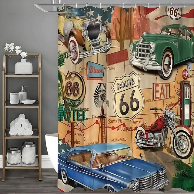 Annier Duschvorhang Route 66 Vintage Design mit Comic-Straßenkarte und Fahrzeugen, Mehrfarbig, B: 150 cm, H: 220 cm - Bild 1