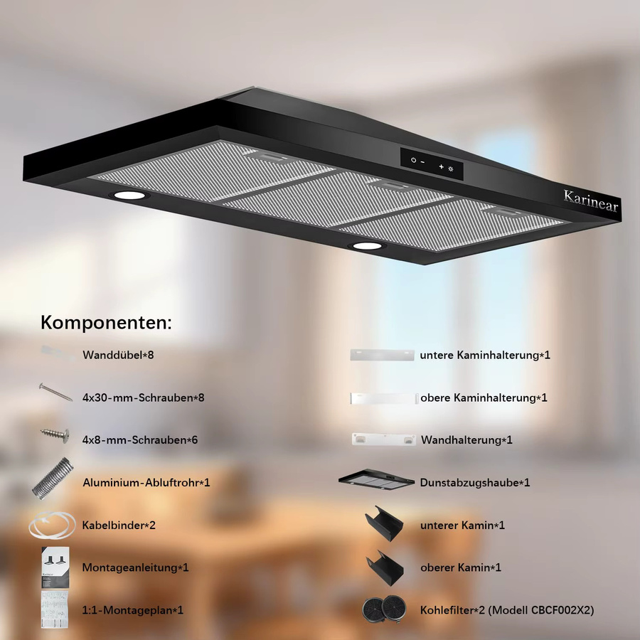 Karinear Dunstabzugshaube in Schwarz und Grau, Wandmontage, A++ Energieeffizienz, Breite: 90 cm, 329 m³/h Luftleistung, Umluft und Abluft mit Aktivkohlefilter - Bild 6