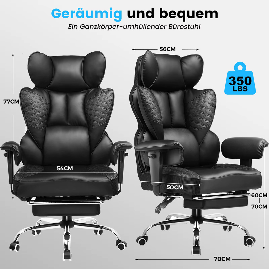COMHOMA Gaming Stuhl aus Kunstleder mit verstellbaren Armlehnen und Kopfstütze, ergonomischer Bürostuhl mit Taschenfederkern-Lendenwirbelstütze, Schwarz/Braun - Bild 6