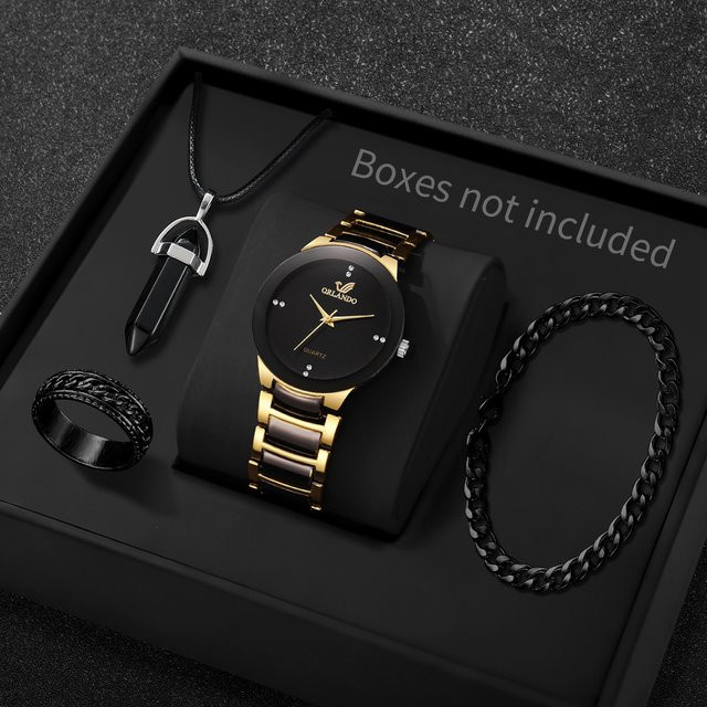 yolako Armbanduhren Set, Quarz, Edelstahl, Zirkonia, Kristall, Herren, Schwarz - Bild 1