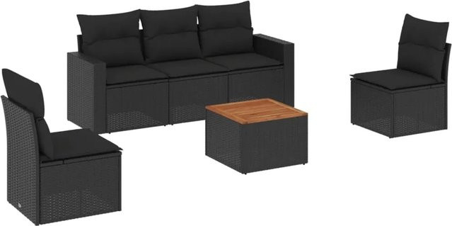 vidaXL 6-tlg Garten-Sofagarnitur aus Poly-Rattan und Akazienholz in Schwarz mit Kissen Modell 72 - Bild 1