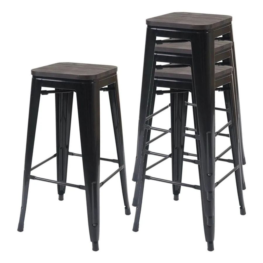 4er-Set Barhocker MCW-A73 in Schwarz mit Holz-Sitzfläche im Industriedesign aus Metall - Bild 3