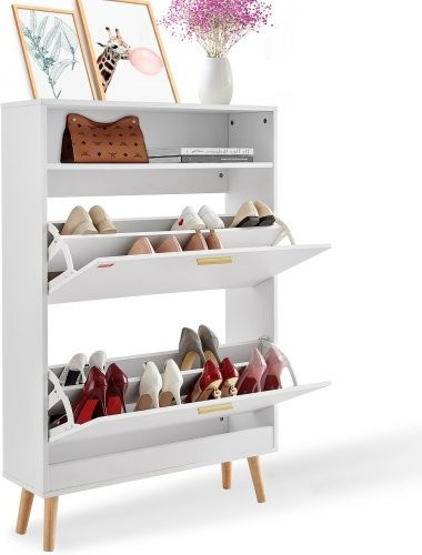 VEVOR Schuhschrank aus Massivholz in Weiß mit 2 Klappen und oberem Staufach, B/T/H: 80,0 x 23,7 x 120,5 cm - Bild 1