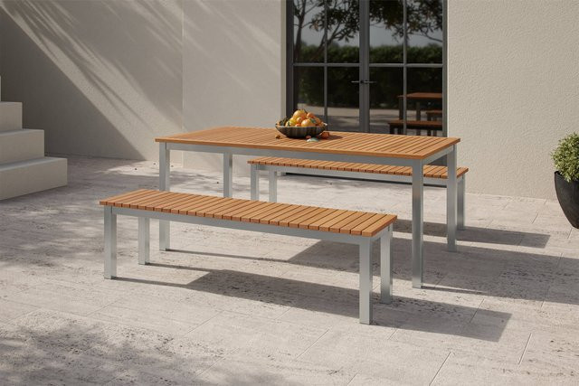 Villana Esstisch für den Garten in Silber aus Aluminium und Eukalyptus, B/T: 180 x 90 cm - Bild 1