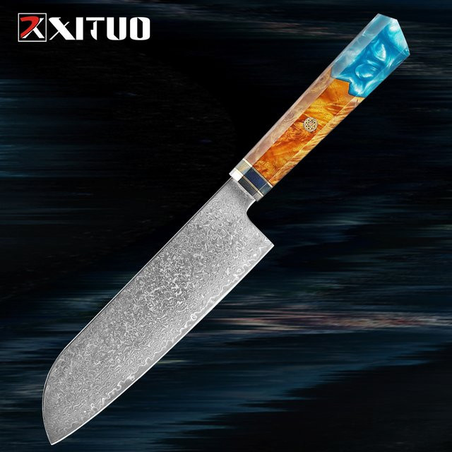 XITUO Professionelles Santoku-Messer aus japanischem Damaszener Stahl mit stabilisiertem Holzgriff in Multicolour - Bild 1