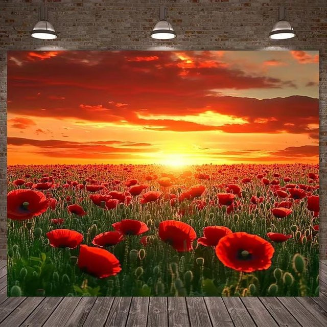2D Mohnblumenfeld Sonnenuntergang Fotokulisse für Naturfotografie und Landschaftsaufnahmen, Mehrfarbig, B x H: 180 x 110 cm - Bild 1