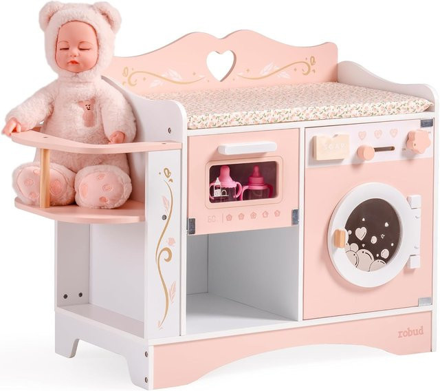 Robud 6-in-1 Wickeltisch aus Holz für Babypuppen mit Zubehör in Rosa - Bild 1