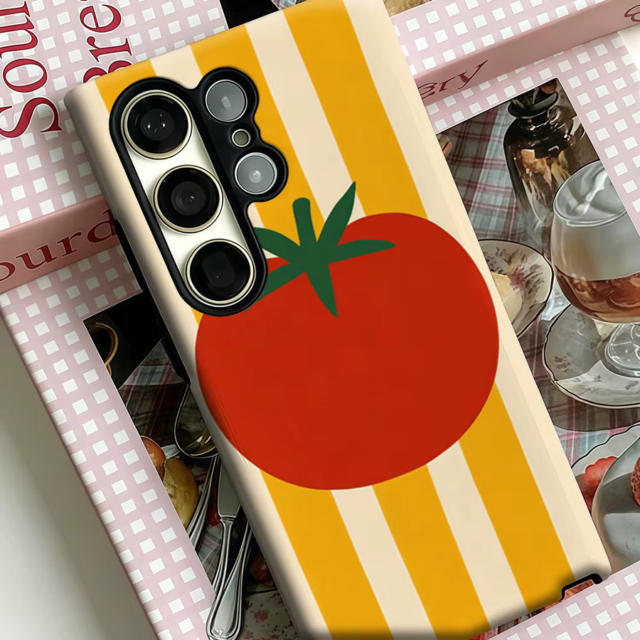 Stoßfeste Doppelschicht Handyhülle mit gelb gestreiften Tomaten für Samsung Galaxy S25 Ultra, S24 und S23 Ultra Plus - Bild 3