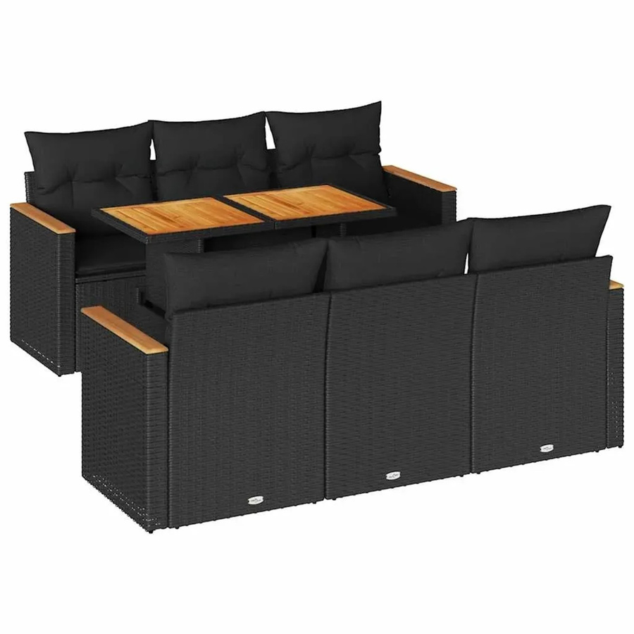 vidaXL 7-teilige Garten-Sofagarnitur aus Poly-Rattan und Akazienholz in Schwarz mit Kissen - Bild 2
