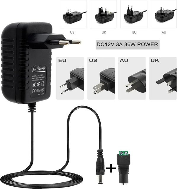 TiaoChongYi Netzteil Adapter 36W 12V 3A AC zu DC Stromversorgung für LED Streifen und Beleuchtung mit EU US UK AU Stecker - Bild 1