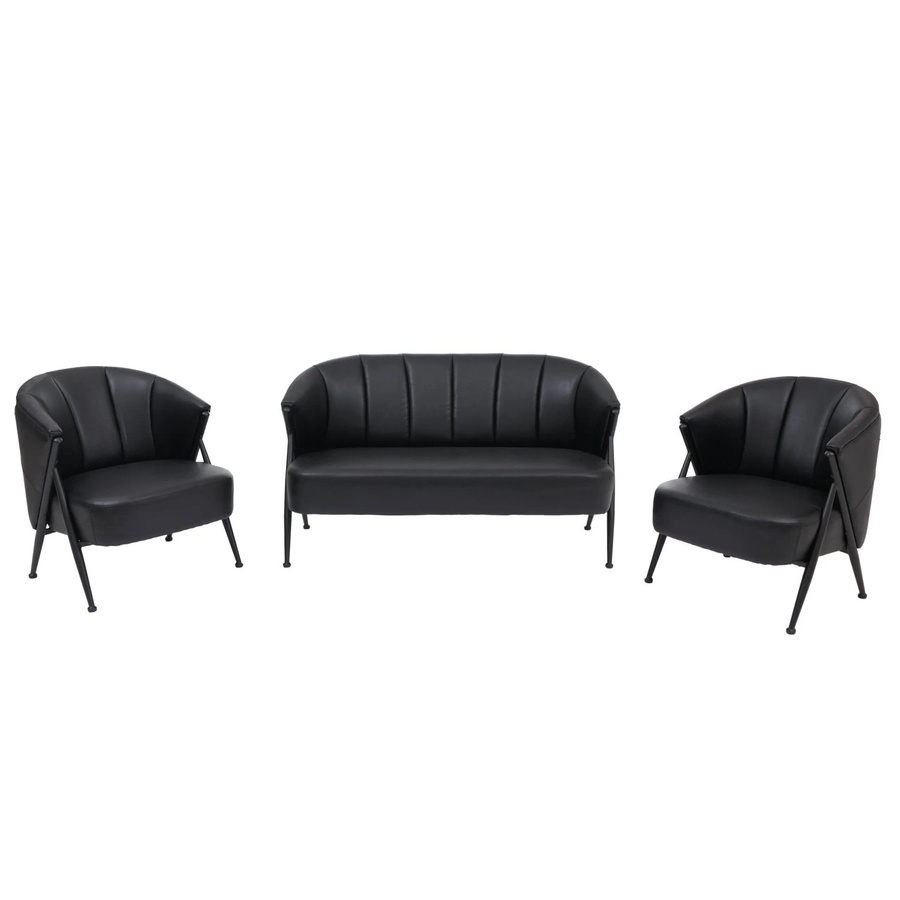 MCW Wohnzimmer-Set P30 im Vintage Retro Industrial Stil mit 2er-Sofa und 2 Sesseln aus Kunstleder und Metall in Schwarz - Bild 3