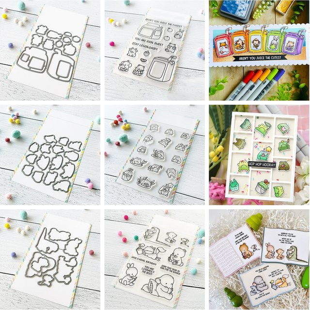 Set aus Metall-Schneidestempeln und transparenten Silikontempeln mit verschiedenen Tier-Mustern wie Frosch, Katze und Elefant für DIY Scrapbooking und interaktive Karten - Bild 1