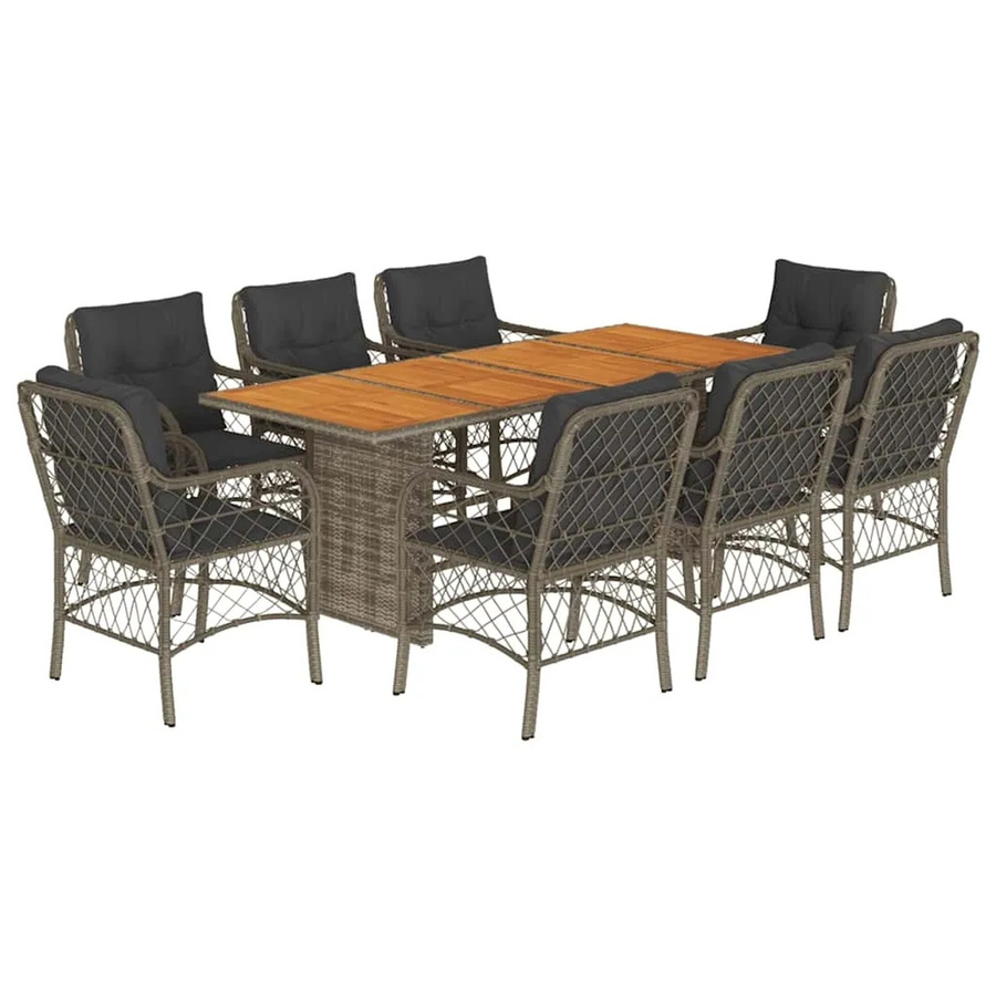 vidaXL 9-teilige Garten-Essgruppe aus Poly-Rattan und Akazienholz in Grau mit Kissen - Bild 2