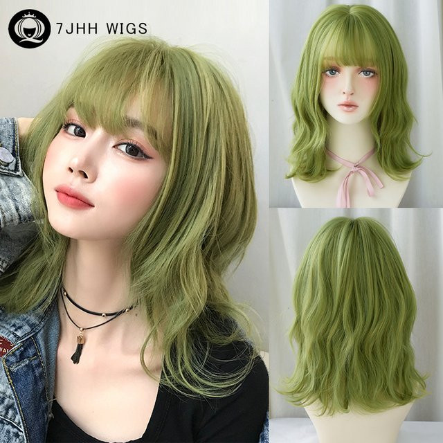 7JHH WIGS Perücke, kurz gewellt, grün, Damen, mit Vorhang-Pony - Bild 1