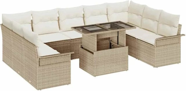 vidaXL Garten-Sofa-Set aus Poly Rattan mit 10-teiligem Kissen-Set in Beige-creme - Bild 1