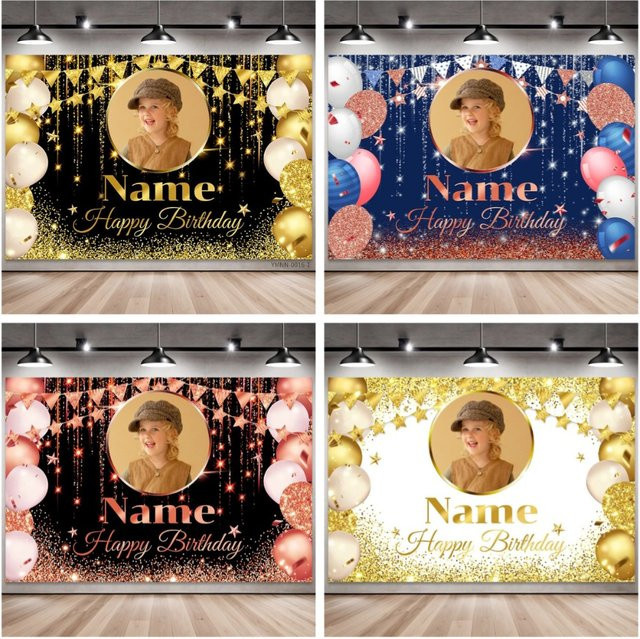 Personalisiertes Beenle Geburtstag Banner mit Fotomotiv und Glitzerlichtern in Schwarz und Gold zur Wanddekoration für deine Party - Bild 1