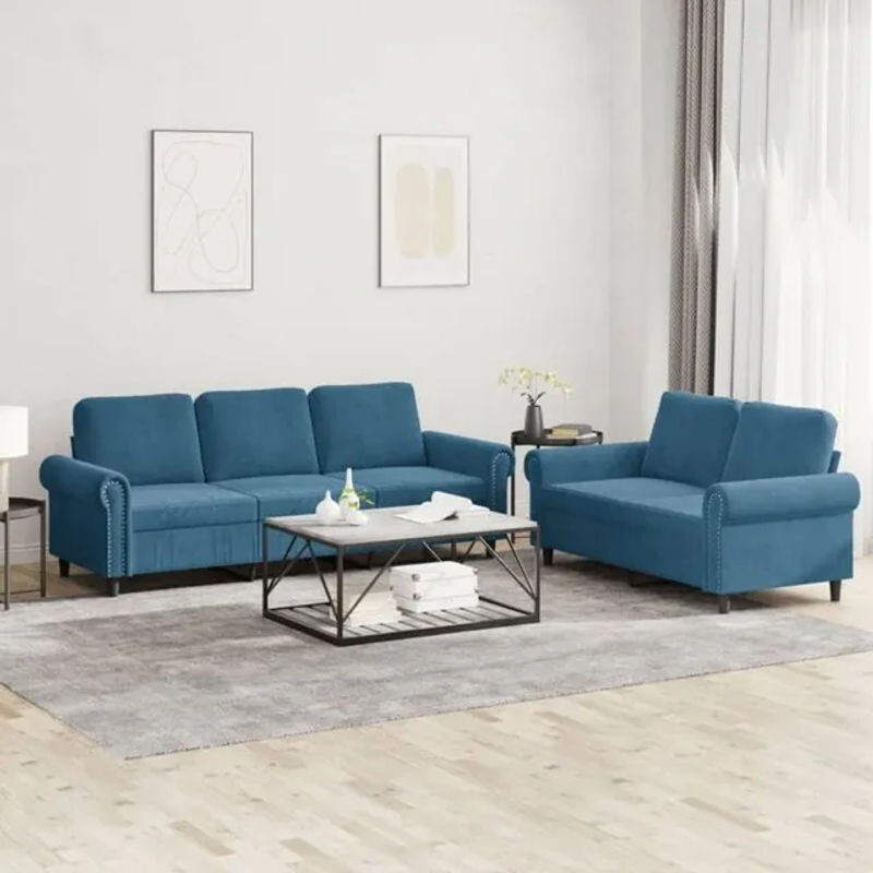 Vidaxl 2-tlg. Sofagarnitur mit Kissen aus blauem Samt und Metallgestell im klassischen Design - Bild 1