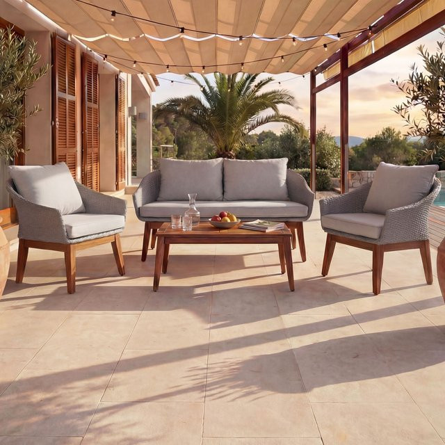 MCW Gartengarnitur N37 Lounge-Set aus Poly-Rattan und Akazienholz in Grau mit hellgrauen Kissen - Bild 1