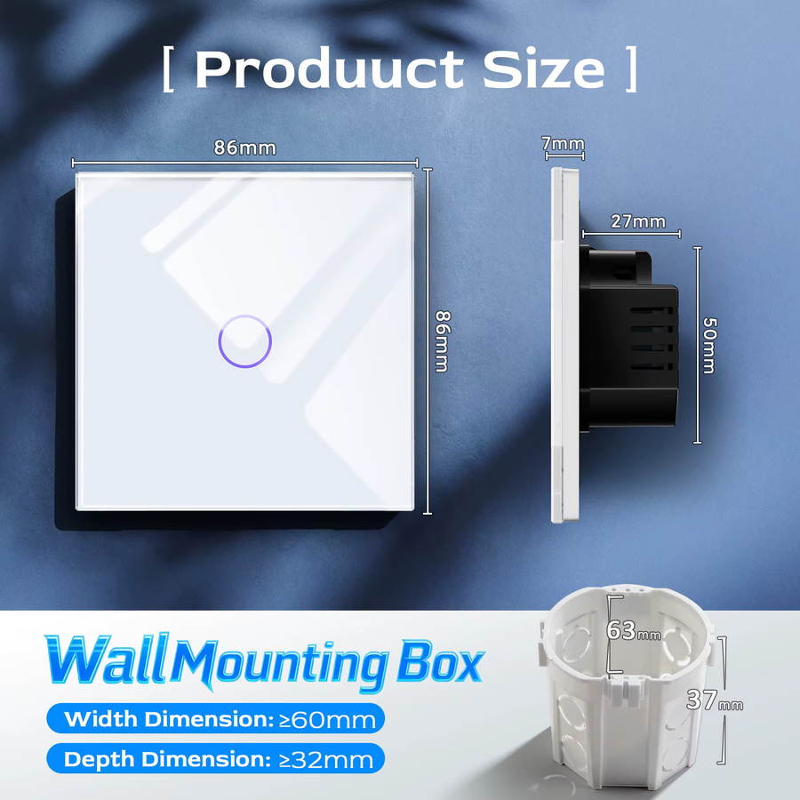 BSEED 1-fach 1-Wege Touch-Wandschalter, Weiß und Transparent, Wasserdicht mit LED-Sensor und schwachblauer Hintergrundbeleuchtung, Einphasig - Bild 2