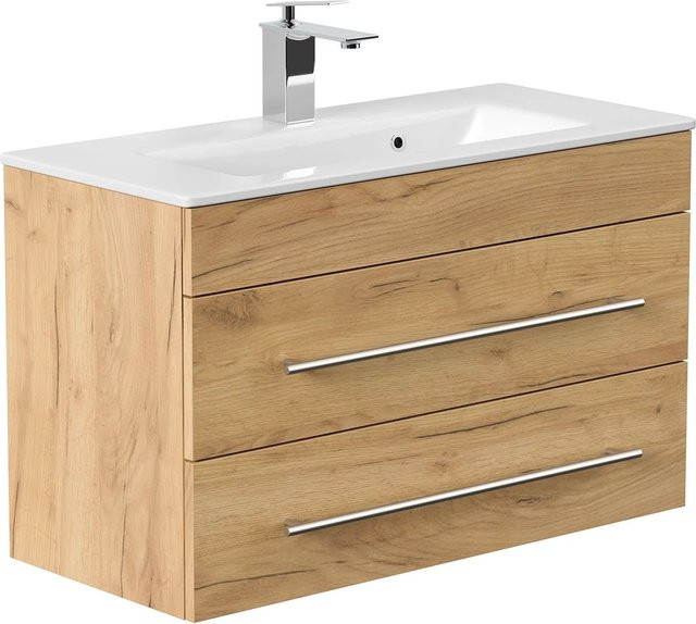 Posseik Badmöbel Portus 800 SlimLine Eiche Gold Wandhängend mit Keramikwaschbecken und Soft-Close-Türen B: 80,4 cm, H: 49,6 cm, T: 36,0 cm - Bild 1