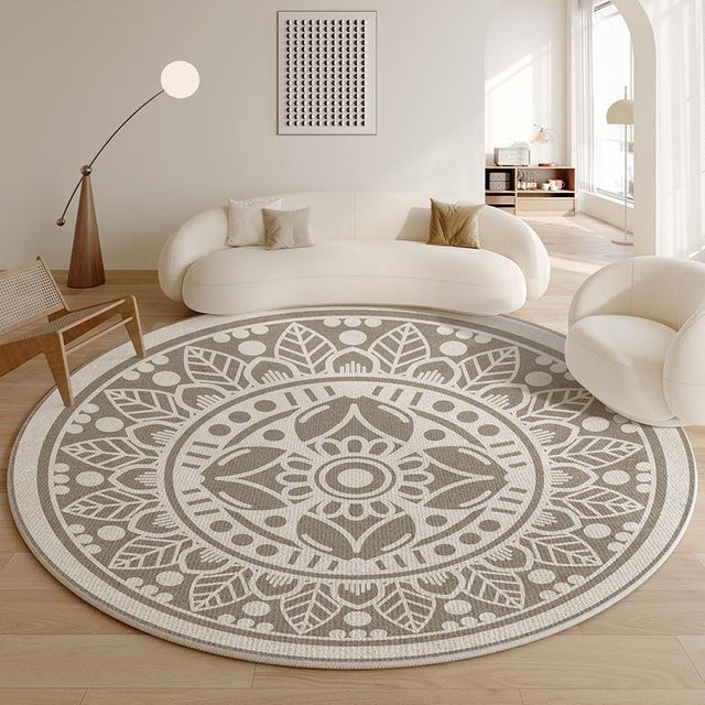 Runder Teppich in Beige im modernen französischen Stil, Waschbare Anti-Rutsch Matte für Wohnzimmer und Schlafzimmer, Durchmesser: 80 cm - Bild 1