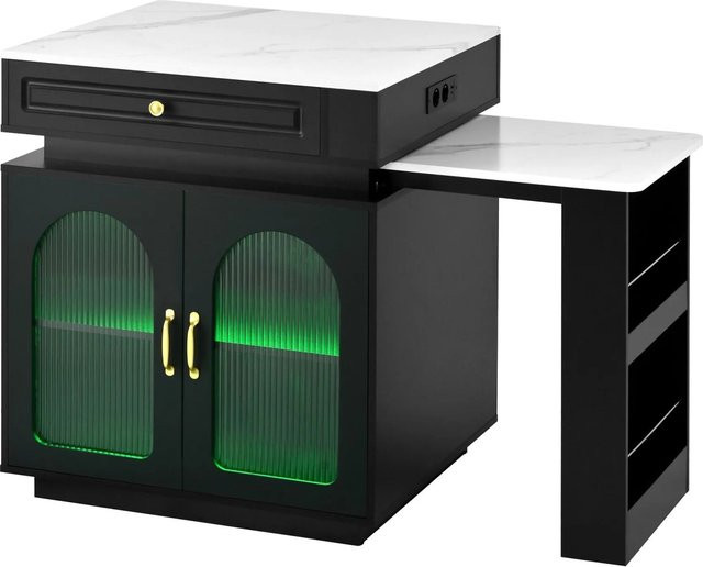 okwish Kücheninsel mit Rollen und Ausziehtisch in Schwarz, inklusive LED-Beleuchtung und Steckdosenleiste, B/T/H: 128-200 x 71 x 92 cm - Bild 1