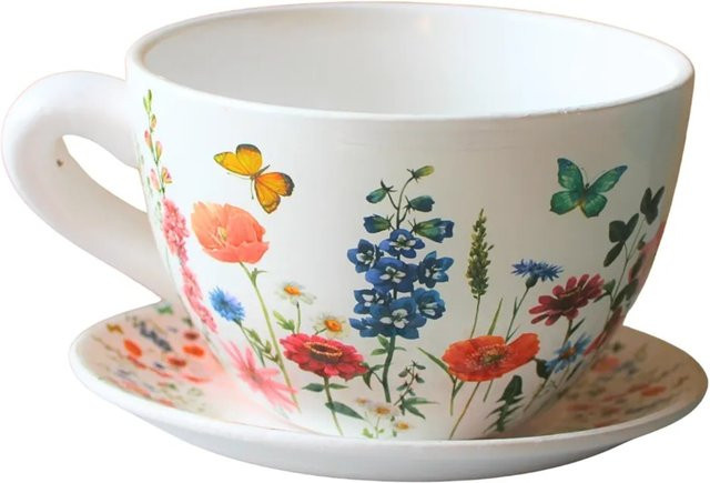 Dekohelden24 Blumentopf in Tassenform mit Wiesenmotiv, Keramik, Bunt-mix, B/T/H: 25 x 23 x 14 cm - Bild 1