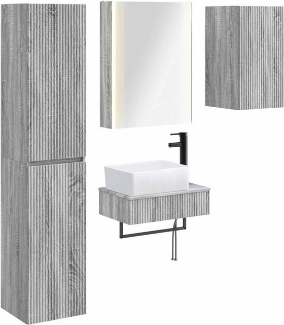 vidaXL Badezimmermöbel-Set 5-teilig in Grau Sonoma, modern mit Waschtischunterschrank, Spiegelschrank und LED-Beleuchtung aus Holz und Glas - Bild 1