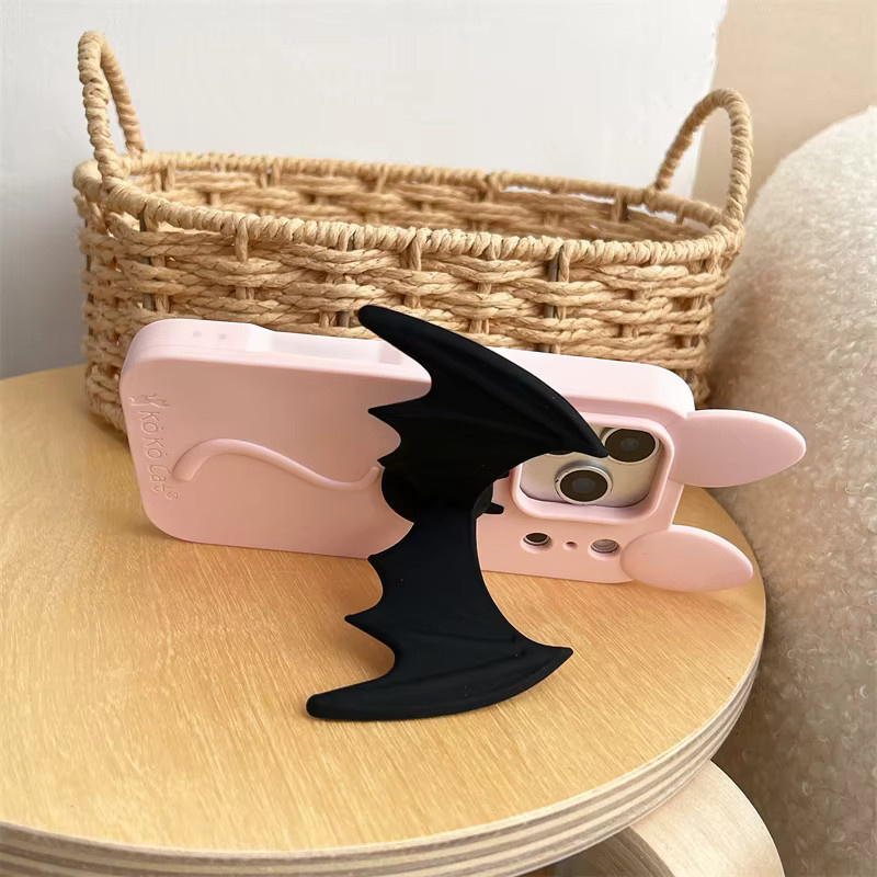 Silikon Soft Case mit Cartoon Fledermaus und Katzenohren für Apple iPhone 17 16 15 14 13 Pro Max in Pink - Bild 4