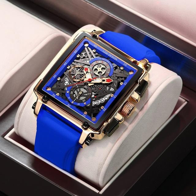 LIGE Chronograph, Quarz, Gold, Blau, Edelstahl, Silikon, Herren - Bild 1