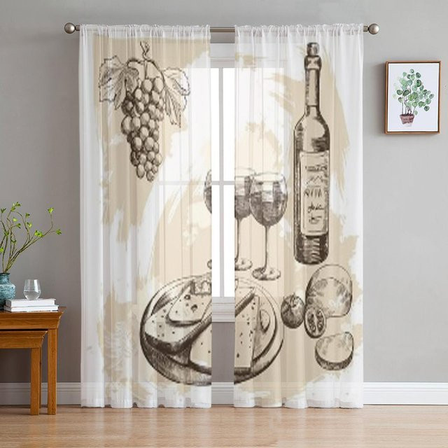Transparente Tüllvorhänge von A Family Of Home Textiles mit Wein- und Käsemotiv in Weiß, B: 135 cm, H: 114 cm - Bild 1