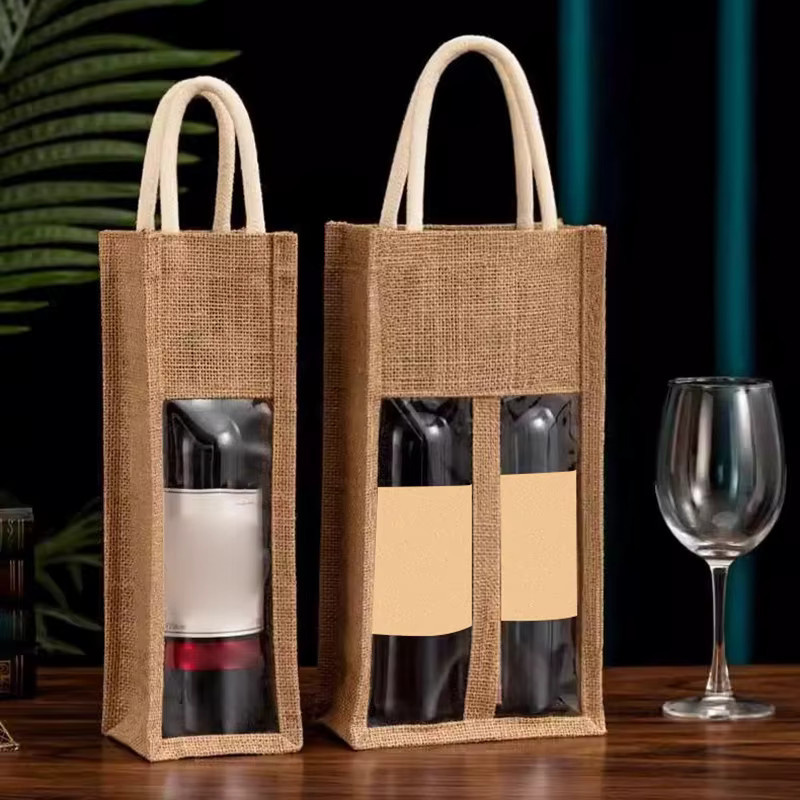 Geschenkbox für Rotwein und Champagner mit Fenster und Griff, braune Jute-Optik aus Papier, ideal für Hochzeiten und Gastgeschenke - Bild 2