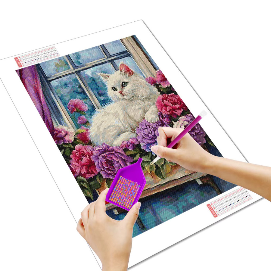 Huacan Diamantgemälde Set mit Katze und Blumen in Multicolour, B/H: 30,0 x 20,0 cm - Bild 2
