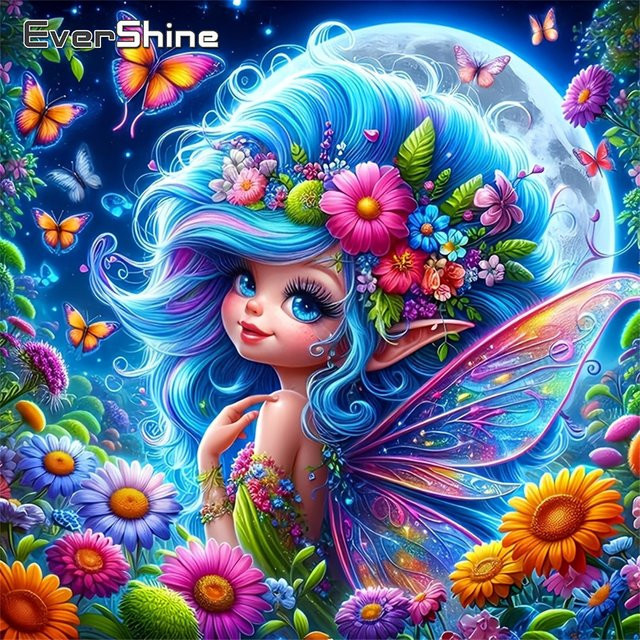 EverShine Diamant-Gemälde Elfen-Porträt mit Blumen und Mond, Strass-Stickerei Mosaik in Multicolour, runde Steine - Bild 1