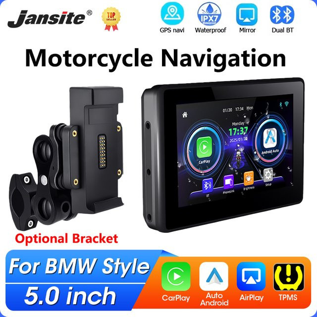 Jansite Motorrad GPS-Navigation mit Wireless CarPlay und Android Auto, IPX7 wasserdichter Moto Monitor mit Bluetooth 5.0, Schwarz, Universal für BMW und andere Motorräder - Bild 1