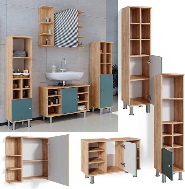 Vicco Badmöbelset Fynn in Grün und Goldkraft Eiche, 4-teiliges Set mit Waschtischunterschrank 80 cm, Spiegelschrank und Midischrank - Bild 1