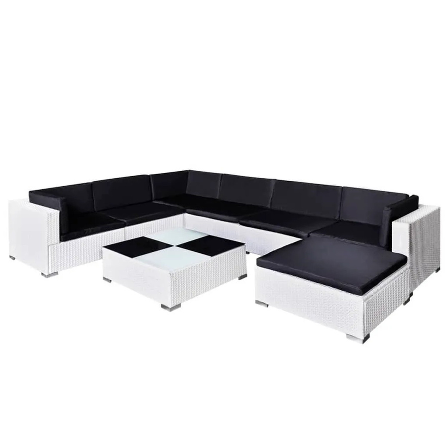 vidaXL 8-tlg Garten-Lounge-Set in U-Form aus Poly Rattan und Metall mit Auflagen und Couchtisch in Weiß und Schwarz - Bild 2
