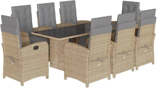 vidaXL 9-teilige Garten-Essgruppe aus Poly-Rattan in Beige-Grau mit Kissen und Hartglas-Tischplatte - Bild 1
