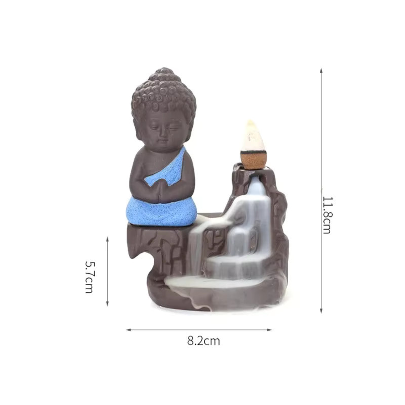 MINIDEAL Keramik Wasserfall Weihrauchbrenner mit Mönch und Bodhisattva Buddha in Gelb und Braun - Bild 3