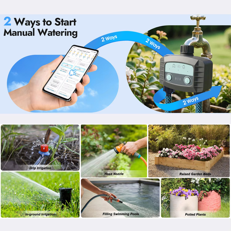 Tuya Smart Gartenbewässerungstimer mit 2 Ausgängen, drahtloser WiFi-Bewässerungsregler für automatische Tropfbewässerung, kompatibel mit der Tuya App, Schwarz/Grau - Bild 6