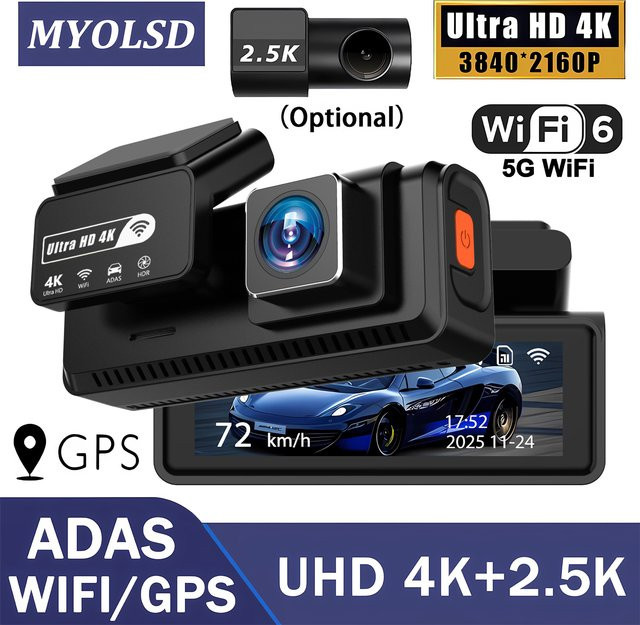 MYOLSD Dual-Objektiv Dashcam mit 4K und 2.5K Auflösung, ADAS, WiFi und Nachtsicht, Black Box in Schwarz - Bild 1