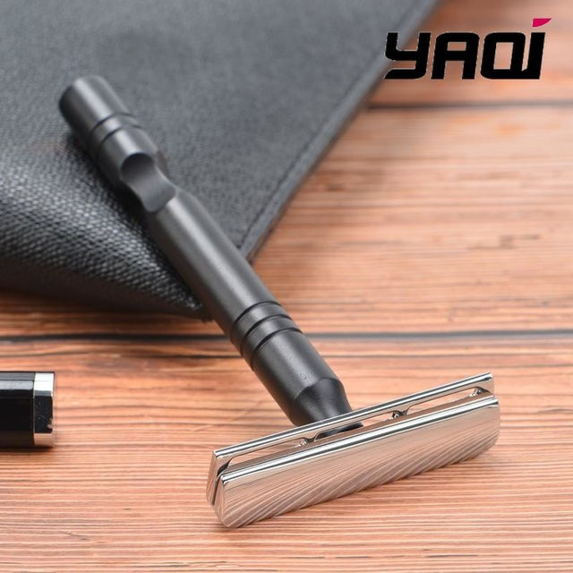 YAQI Excalibur Einseitiger Rasierrasierer für Herren, Chrom- und schwarzer Aluminiumgriff - Bild 1