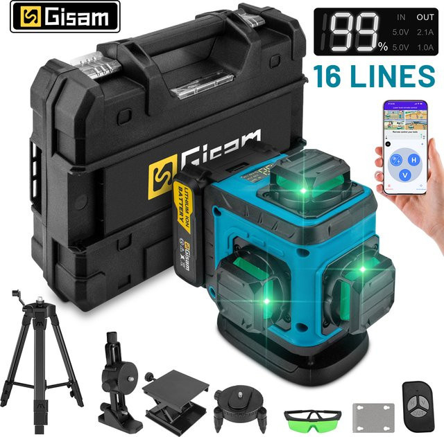 Gisam 16-Linien 4D Laser-Wasserwaage mit Stativ, selbstnivellierend, 360 Grad horizontal und vertikal, grüner Laser - Bild 1