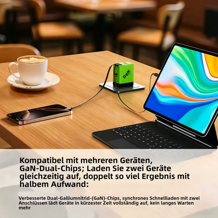 W&O GaN Schnellladegerät in Grün mit 80 cm einziehbarem Kabel, Dual-Port für Lightning und USB-C Geräte - Bild 5