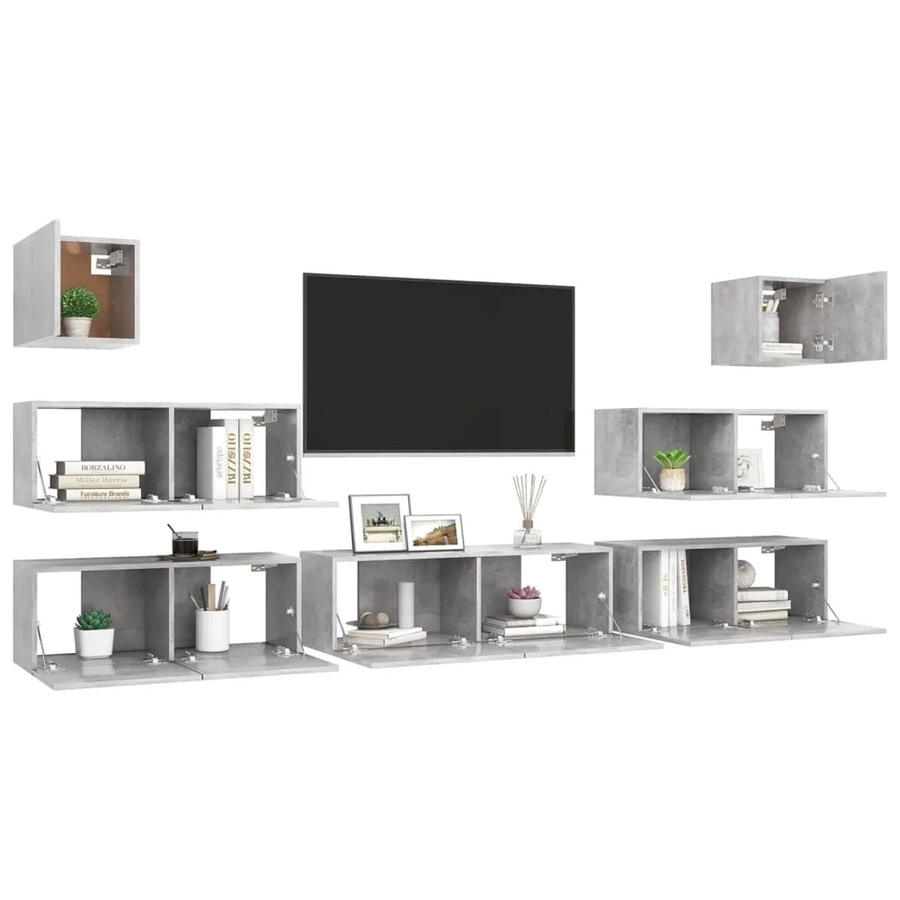 vidaXL 7-tlg. TV-Schrank-Set modern in Betongrau aus Holzwerkstoff, Wandmontage, B/T/H: 80 x 30 x 30 cm, 100 x 30 x 30 cm und 30,5 x 30 x 30 cm - Bild 2