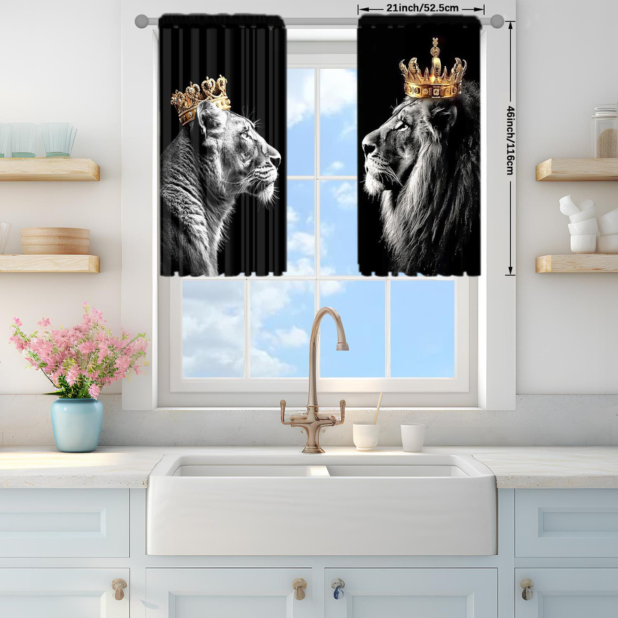 2er-Set semi-transparente Vorhänge mit Kronenlöwen-Druck von Household supplies MH, moderne Fensterbehandlung mit Stangentaschen, Breite: 52,5 cm, Höhe: 116 cm - Bild 4
