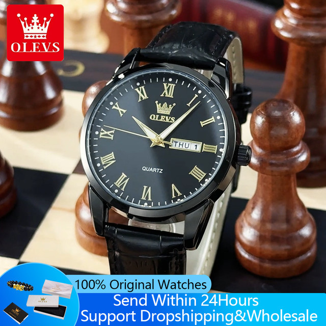 OLEVS Armbanduhr, Quarz, Leder, Gold, Bicolor, Herren - Bild 1