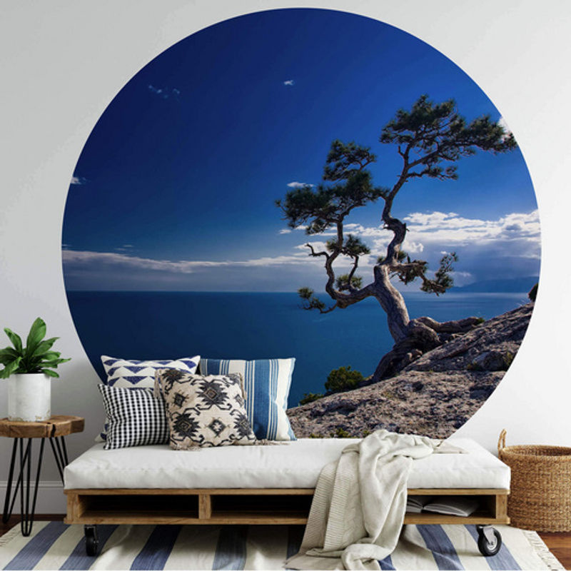 K&L Wall Art Runde Vliestapete Baum am Meer mit blauem Himmel, mehrfarbig und matt - Bild 2