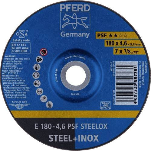PFERD PSF STEELOX Schruppscheibe gekröpft für Stahl und Edelstahl, Durchmesser: 180 mm, Breite: 4,6 mm, Bohrungs-Ø: 22,23 mm, Farbe: Blau, 10 Stück - Bild 1